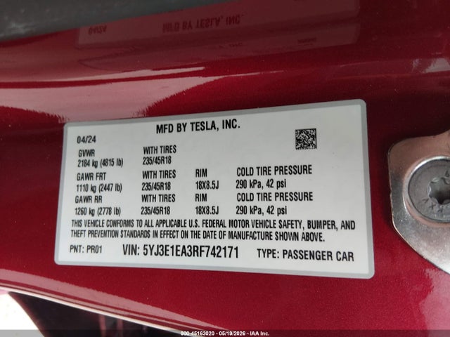 Продаж на аукціоні авто 2024 Tesla Model 3 Long Range Dual Motor All-wheel Drive/rear-wheel Drive, vin: 5YJ3E1EA3RF742171, номер лоту: 45163020