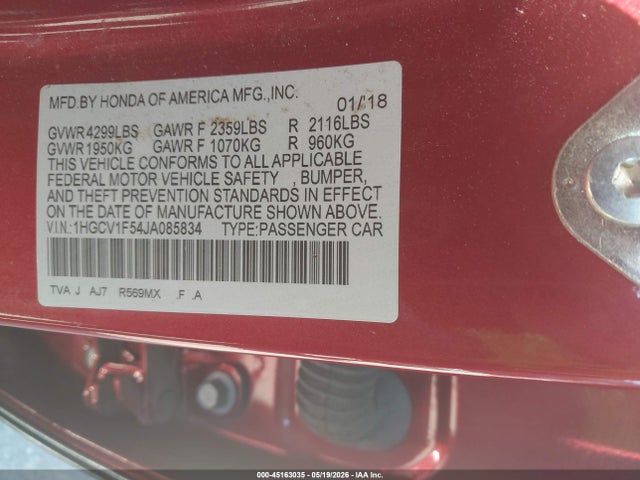 45163035 :رقم المزاد ، 1HGCV1F54JA085834 vin ، 2018 Honda Accord Ex-l مزاد بيع
