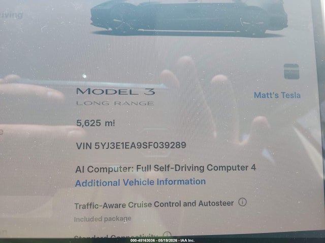 45163036 :رقم المزاد ، 5YJ3E1EA9SF039289 vin ، 2025 Tesla Model 3 Long Range Rear-wheel Drive/standard Rear-wheel Drive مزاد بيع