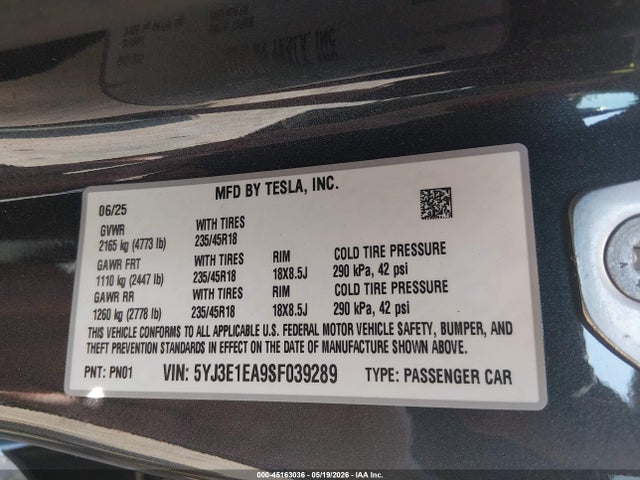 45163036 :رقم المزاد ، 5YJ3E1EA9SF039289 vin ، 2025 Tesla Model 3 Long Range Rear-wheel Drive/standard Rear-wheel Drive مزاد بيع