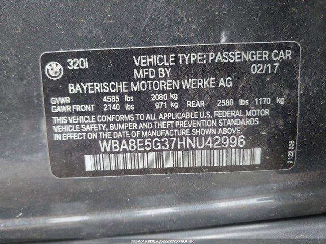 Aukcja sprzedaży 2017 Bmw 320i Xdrive, vin: WBA8E5G37HNU42996, numer aukcji: 45163038