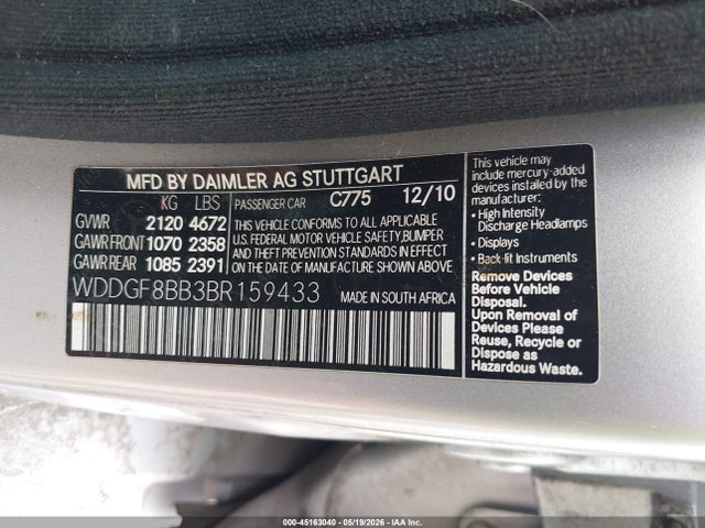Aukcja sprzedaży 2011 Mercedes-benz C 300 Luxury 4matic, vin: WDDGF8BB3BR159433, numer aukcji: 45163040