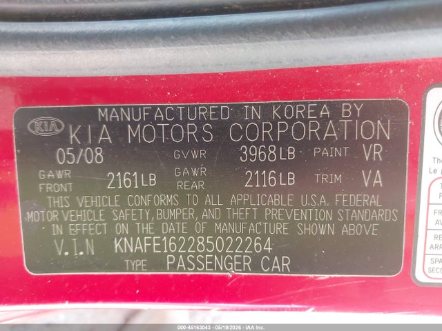 Aukcja sprzedaży 2008 Kia Spectra5 Sx, vin: KNAFE162285022264, numer aukcji: 45163043