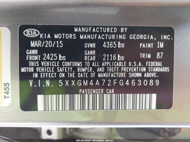 Продаж на аукціоні авто 2015 Kia Optima Lx, vin: 5XXGM4A72FG463089, номер лоту: 45163049