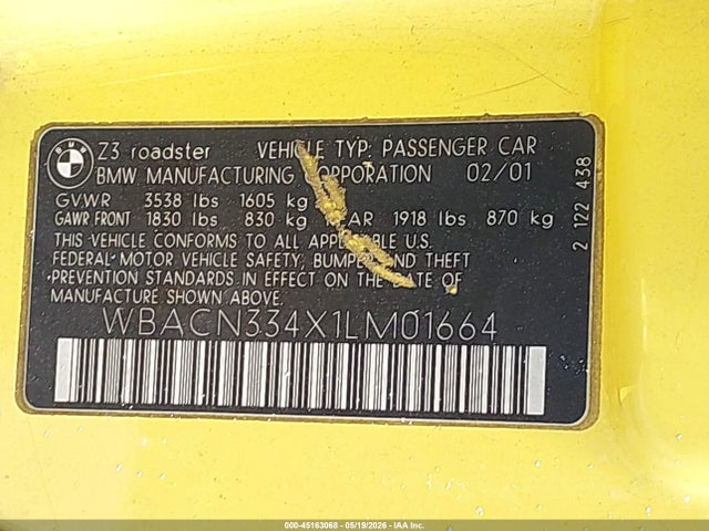 2001 Bmw Z3 2.5i მანქანა იყიდება აუქციონზე, vin: WBACN334X1LM01664, აუქციონის ნომერი: 45163068
