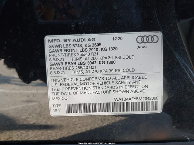 WA1B4AFY5M2042068 Audi Sq5 Premium Plus Tfsi Quattro Tiptronic
