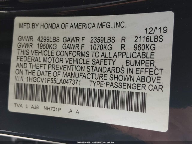 Aukcja sprzedaży 2020 Honda Accord Ex-l, vin: 1HGCV1F55LA047371, numer aukcji: 45163071