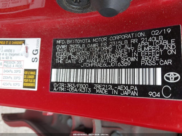 Aukcja sprzedaży 2020 Toyota Corolla Le, vin: JTDHPRAE6LJ016389, numer aukcji: 45163083