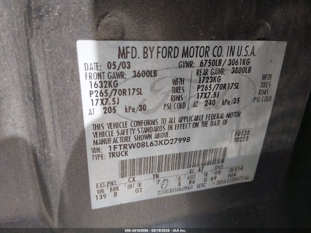 45163098 :رقم المزاد ، 1FTRW08L63KD27998 vin ، 2003 Ford F-150 Lariat/xlt مزاد بيع