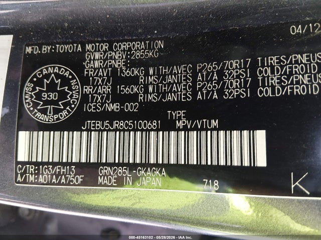 Aukcja sprzedaży 2012 Toyota 4runner Sr5 V6, vin: JTEBU5JR8C5100681, numer aukcji: 45163102