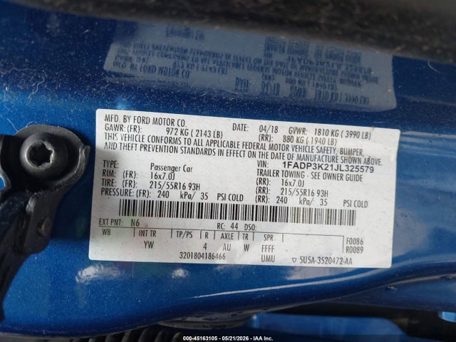 Aukcja sprzedaży 2018 Ford Focus Se, vin: 1FADP3K21JL325579, numer aukcji: 45163105