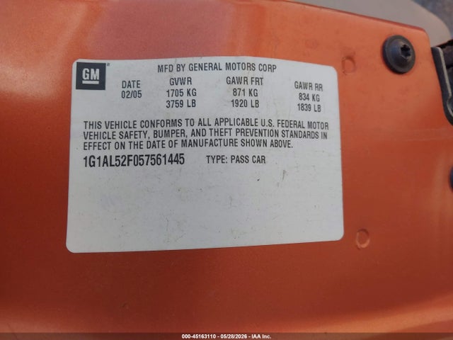 Продаж на аукціоні авто 2005 Chevrolet Cobalt Ls, vin: 1G1AL52F057561445, номер лоту: 45163110
