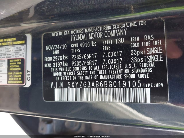 Продаж на аукціоні авто 2011 Hyundai Santa Fe Gls, vin: 5XYZG3AB6BG019105, номер лоту: 45163111
