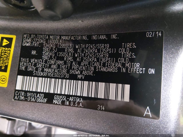 5TDDKRFH5ES023730 Toyota Highlander Limited Platinum V6