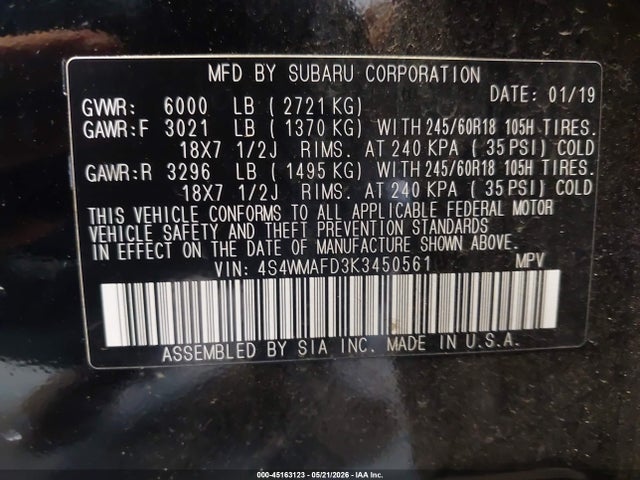 45163123 :رقم المزاد ، 4S4WMAFD3K3450561 vin ، 2019 Subaru Ascent Premium مزاد بيع