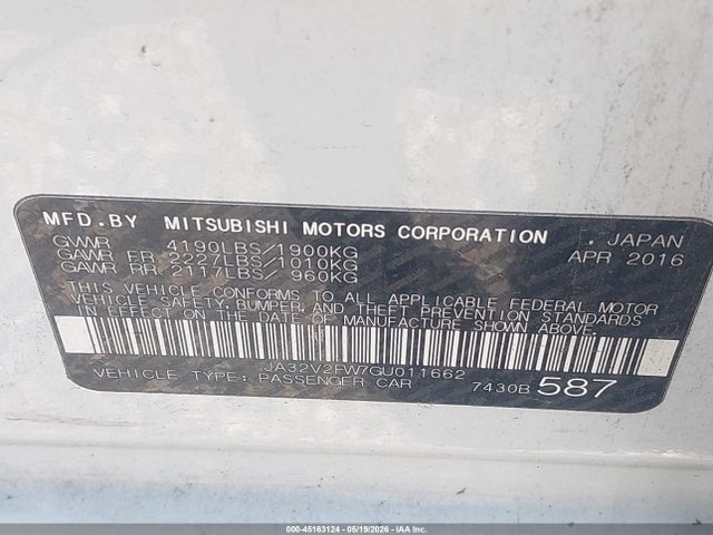 Aukcja sprzedaży 2016 Mitsubishi Lancer Es, vin: JA32V2FW7GU011662, numer aukcji: 45163124