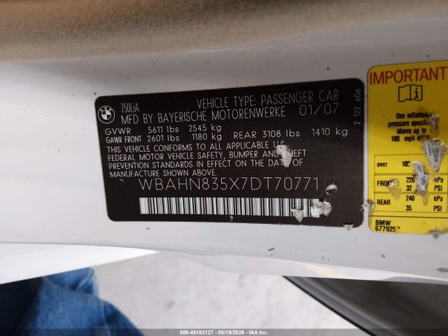 Продаж на аукціоні авто 2007 Bmw 750li, vin: WBAHN835X7DT70771, номер лоту: 45163127