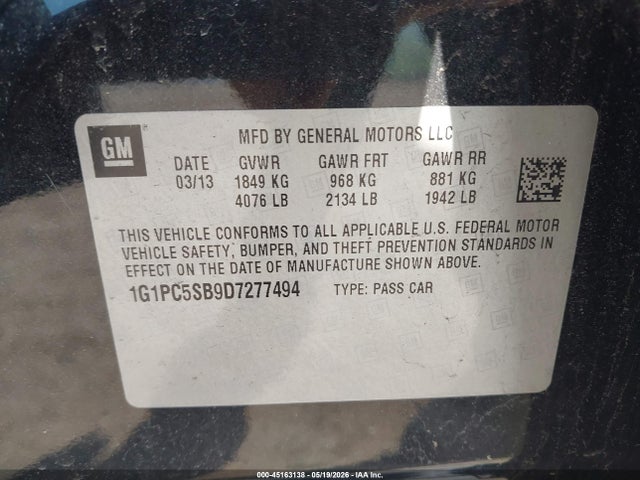 45163138 :رقم المزاد ، 1G1PC5SB9D7277494 vin ، 2013 Chevrolet Cruze 1lt Auto مزاد بيع