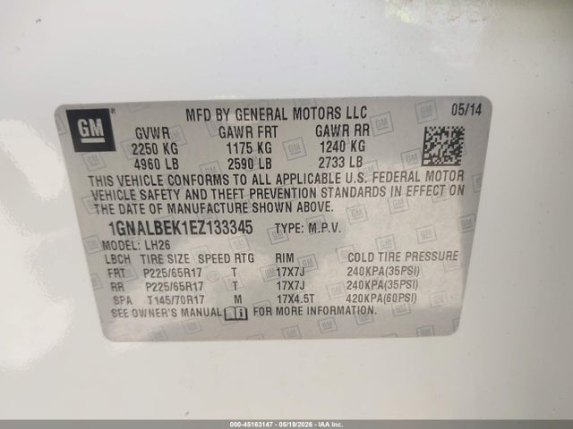 Продаж на аукціоні авто 2014 Chevrolet Equinox 1lt, vin: 1GNALBEK1EZ133345, номер лоту: 45163147