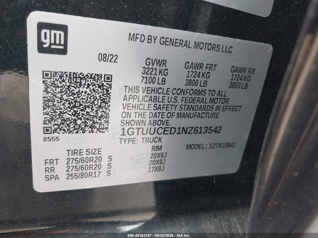 1GTUUCED1NZ613542 GMC Sierra 1500 4wd Short Box Elevation