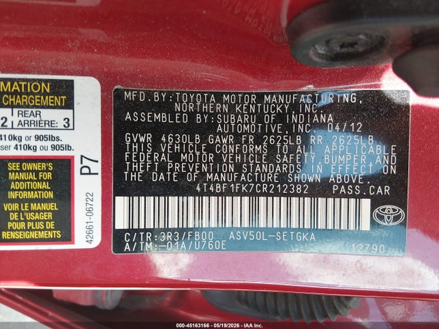 2012 Toyota Camry Xle მანქანა იყიდება აუქციონზე, vin: 4T4BF1FK7CR212382, აუქციონის ნომერი: 45163166
