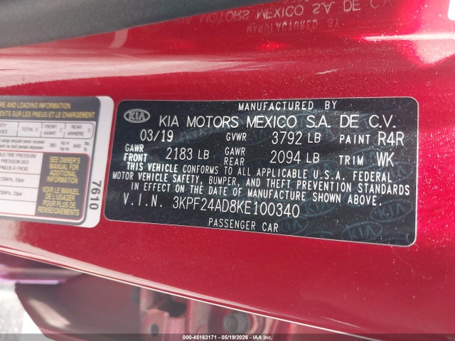 2019 Kia Forte Lxs მანქანა იყიდება აუქციონზე, vin: 3KPF24AD8KE100340, აუქციონის ნომერი: 45163171