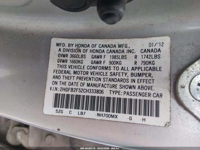 45163175 :رقم المزاد ، 2HGFB2F52CH333806 vin ، 2012 Honda Civic Lx مزاد بيع