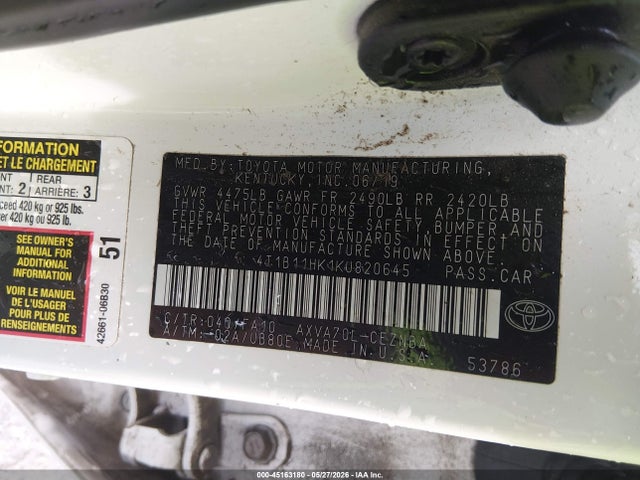 4T1B11HK1KU820645 Toyota CAMRY LE