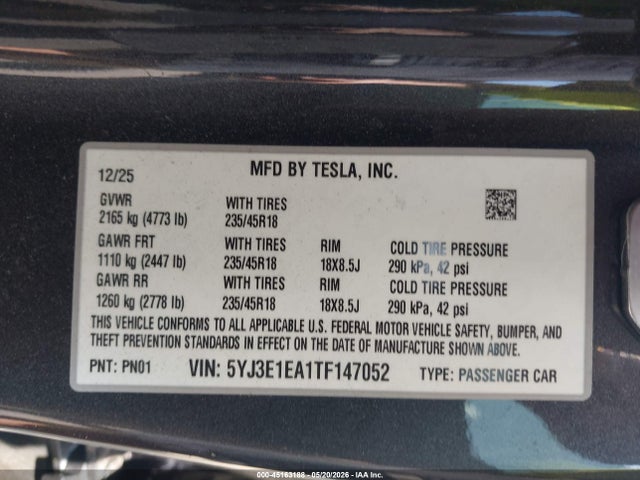 Продажа на аукционе авто 2026 Tesla Model 3 Premium Rear-wheel Drive/rear-wheel Drive, vin: 5YJ3E1EA1TF147052, номер лота: 45163188