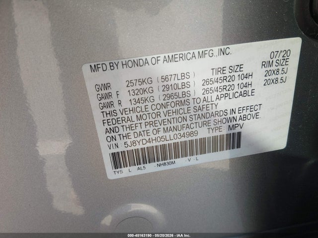 45163190 :رقم المزاد ، 5J8YD4H05LL034989 vin ، 2020 Acura Mdx Technology   A-spec Packages مزاد بيع