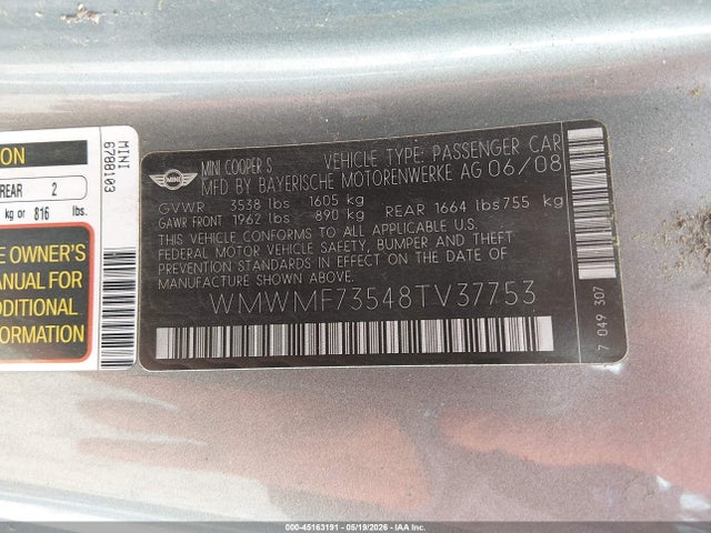 Aukcja sprzedaży 2008 Mini Cooper S, vin: WMWMF73548TV37753, numer aukcji: 45163191