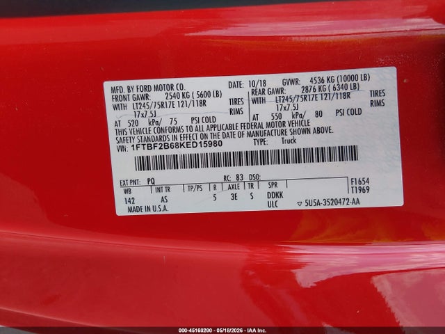 Aukcja sprzedaży 2019 Ford F-250 Xl, vin: 1FTBF2B68KED15980, numer aukcji: 45163200