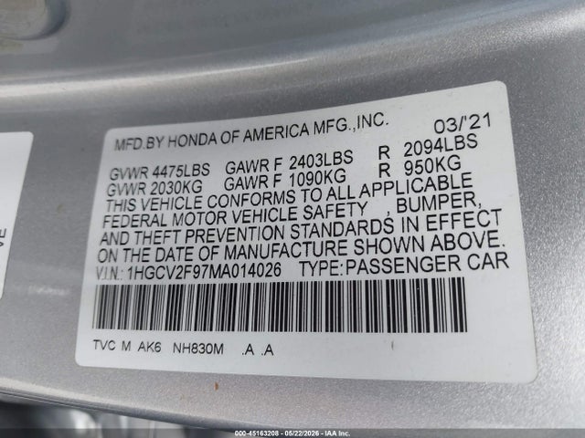 1HGCV2F97MA014026 Honda Accord Touring