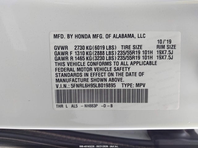 45163220 :رقم المزاد ، 5FNRL6H95LB019895 vin ، 2020 Honda Odyssey Elite مزاد بيع