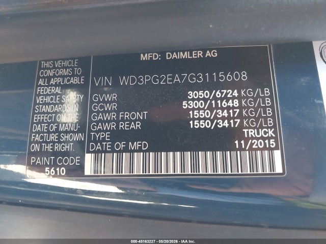 45163227 :رقم المزاد ، WD3PG2EA7G3115608 vin ، 2016 Mercedes-benz Metris مزاد بيع