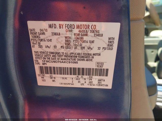 45163228 :رقم المزاد ، 1FMCU9D70AKC91095 vin ، 2010 Ford Escape Xlt مزاد بيع