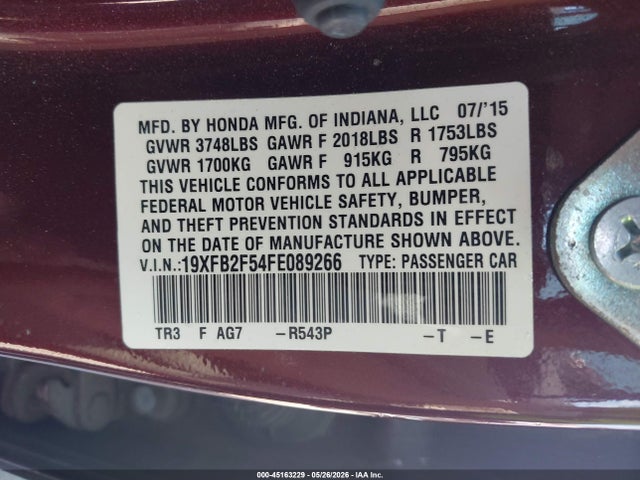 Aukcja sprzedaży 2015 Honda Civic Lx, vin: 19XFB2F54FE089266, numer aukcji: 45163229