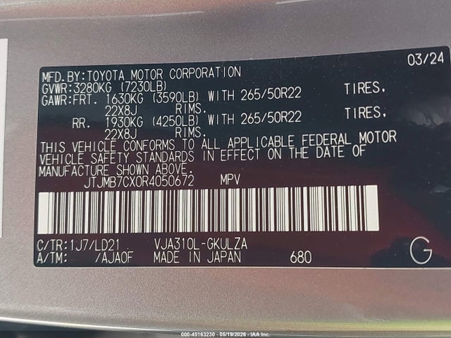 45163230 :رقم المزاد ، JTJMB7CX0R4050672 vin ، 2024 Lexus Lx Lx 600 F Sport مزاد بيع