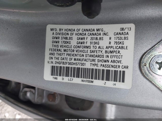 2013 Honda Civic Lx მანქანა იყიდება აუქციონზე, vin: 2HGFB2F56DH577301, აუქციონის ნომერი: 45163240