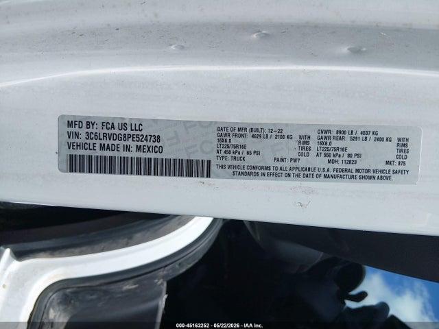 2023 Ram Promaster 2500 High Roof 159 Wb მანქანა იყიდება აუქციონზე, vin: 3C6LRVDG8PE524738, აუქციონის ნომერი: 45163252