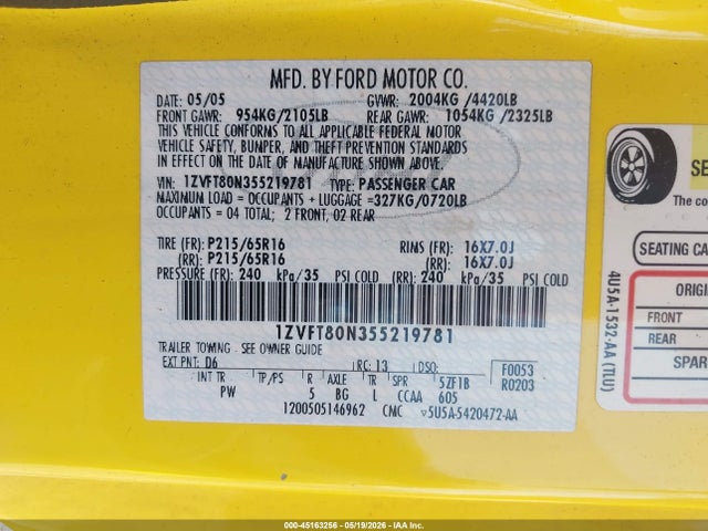 Продаж на аукціоні авто 2005 Ford Mustang V6 Deluxe/v6 Premium, vin: 1ZVFT80N355219781, номер лоту: 45163256