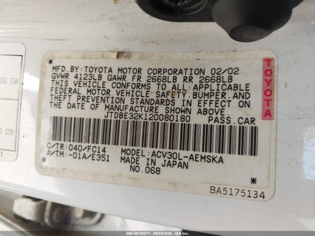 Aukcja sprzedaży 2002 Toyota Camry Se, vin: JTDBE32K120080180, numer aukcji: 45163271