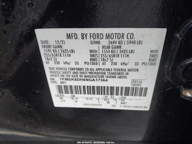 45163279 :رقم المزاد ، 1FMSK8DH6NGA17364 vin ، 2022 Ford Explorer Xlt مزاد بيع