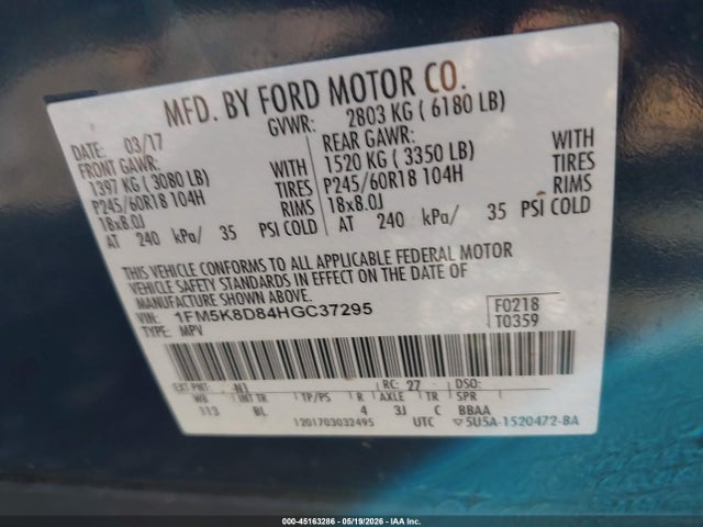 Aukcja sprzedaży 2017 Ford Explorer Xlt, vin: 1FM5K8D84HGC37295, numer aukcji: 45163286