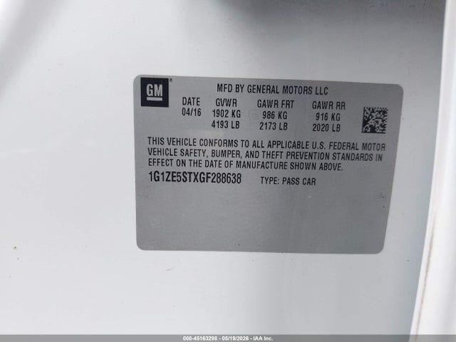 Продаж на аукціоні авто 2016 Chevrolet Malibu 1lt, vin: 1G1ZE5STXGF288638, номер лоту: 45163298