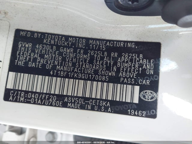 2016 Toyota Camry Se მანქანა იყიდება აუქციონზე, vin: 4T1BF1FK9GU170085, აუქციონის ნომერი: 45163301