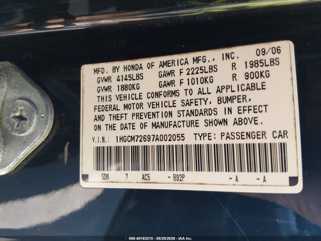 45163315 :رقم المزاد ، 1HGCM72697A002055 vin ، 2007 Honda Accord 2.4 Ex مزاد بيع