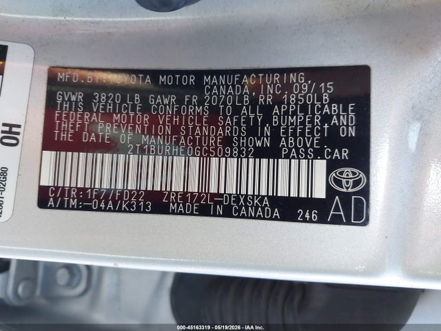 2016 Toyota Corolla S Plus მანქანა იყიდება აუქციონზე, vin: 2T1BURHE0GC509832, აუქციონის ნომერი: 45163319