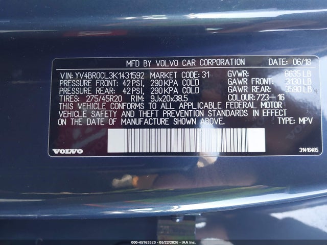 Продаж на аукціоні авто 2019 Volvo Xc90 Hybrid T8 Inscription, vin: YV4BR0CL3K1431592, номер лоту: 45163320