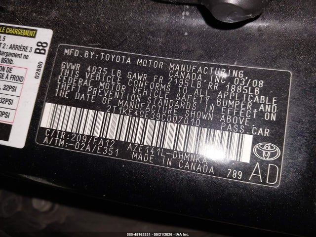 Aukcja sprzedaży 2009 Toyota Matrix S, vin: 2T1KE40E39C007010, numer aukcji: 45163331